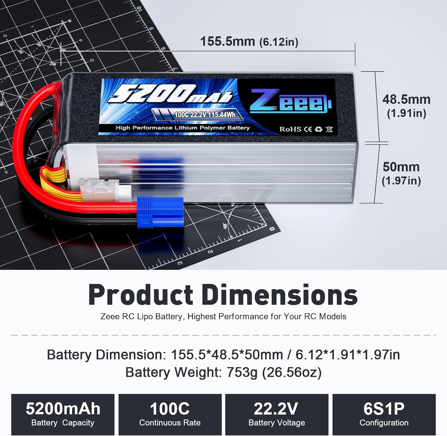 Zeee 6S 5200mAh แบตเตอรี่ Lipo - 6S Lipo Battery 22.2V 5000Mah บทวิจารณ์และราคา
